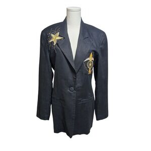 Vintage Adam Douglass for Adrianna Papell Linen Embellish Blazer 80s 90s Black S